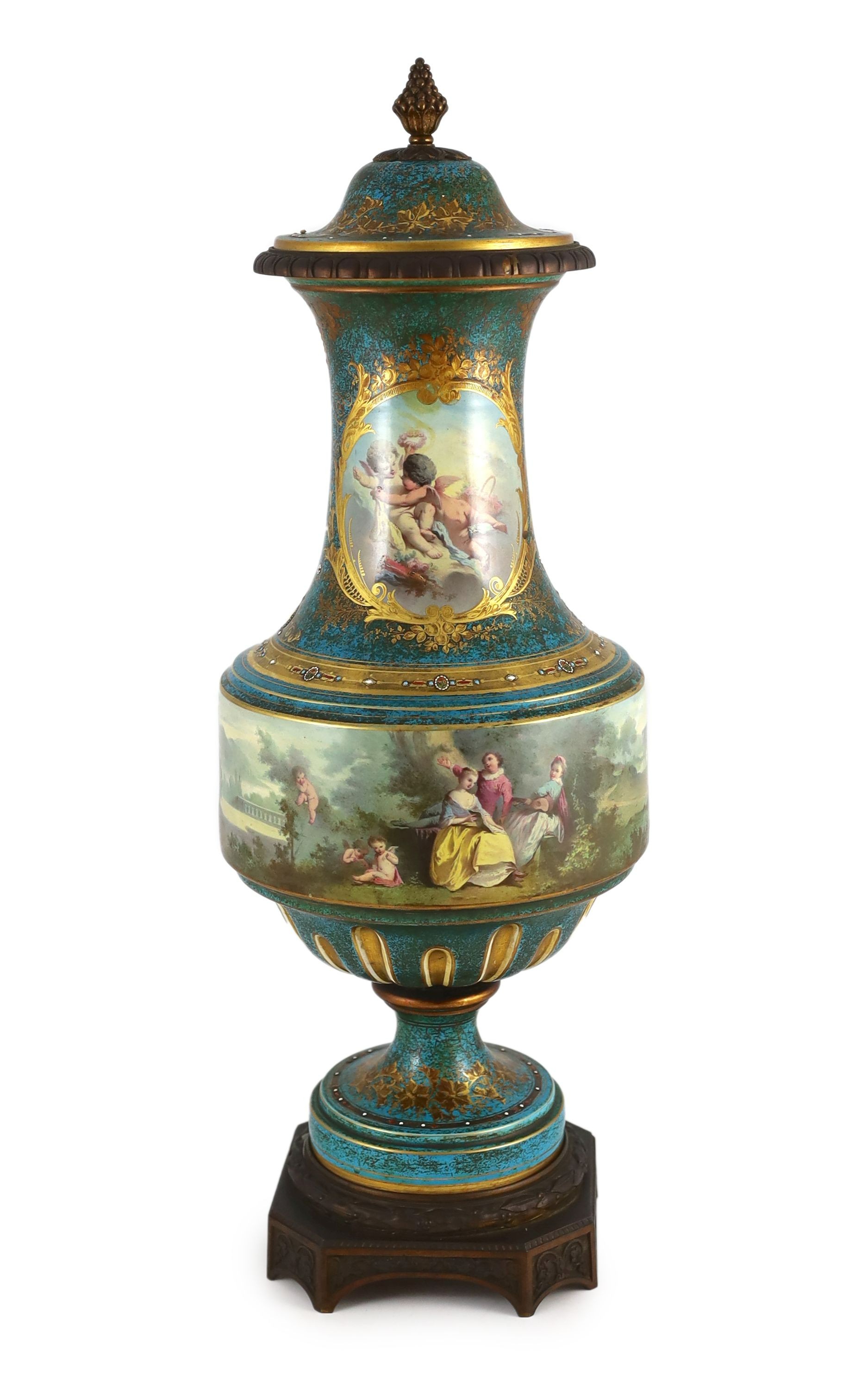 A large Sevres style porcelain ormolu mounted vase and cover, late 19th century-62 cms high. 61.5cm high, stained